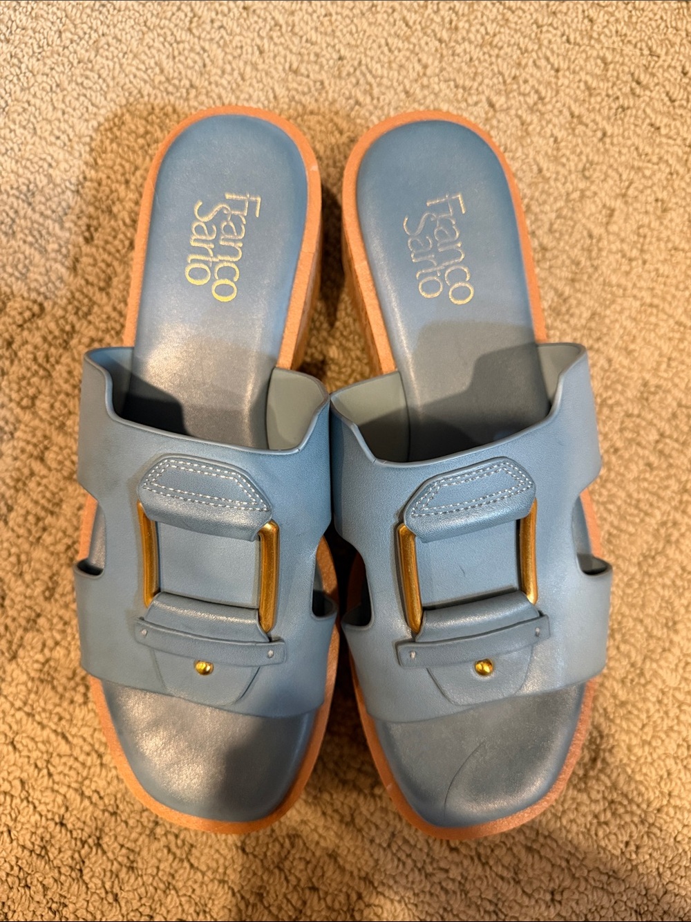 Franco Sarto Denim Blue Slide Sandals with Gold Buckle Accent - great condition